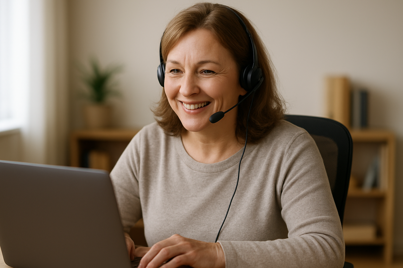 Woman working remotely with headset